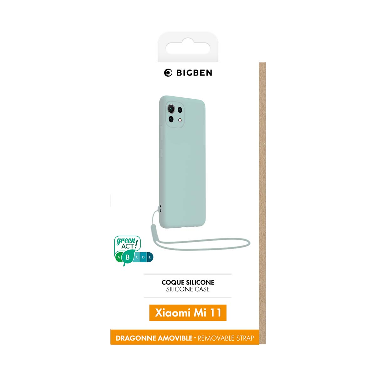 Custodia in silicone azzurro per Xiaomi Mi 11, con laccetto e logo 'green act!'.