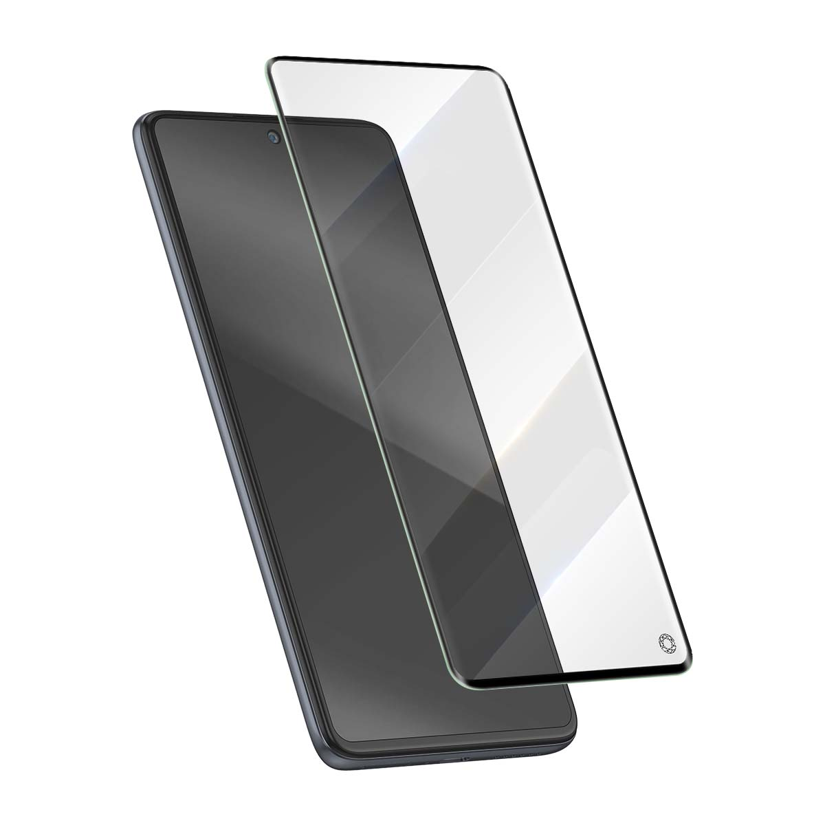 Un smartphone noir avec un protecteur d'écran à côté.