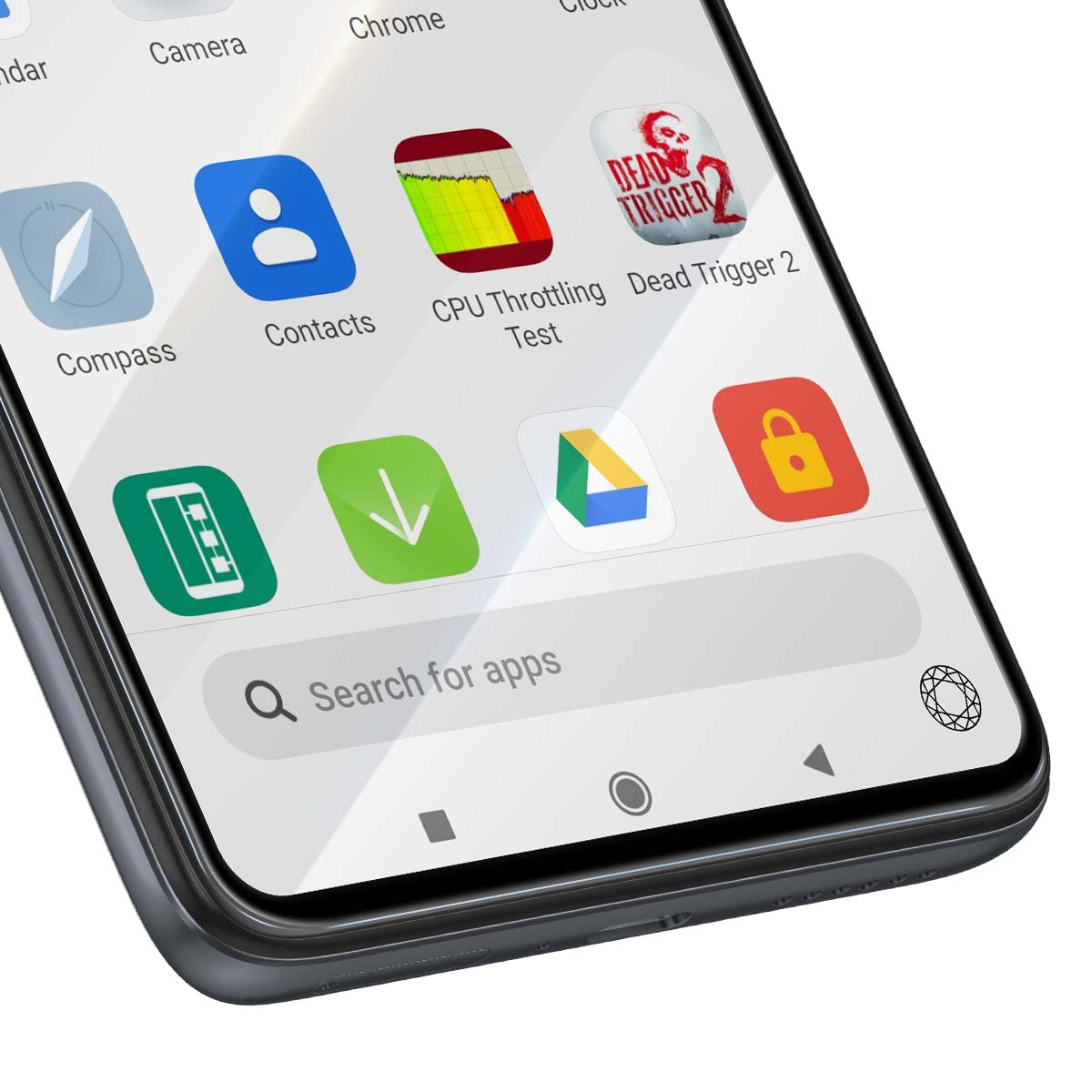 Écran d'accueil de smartphone avec icônes d'applications : Boussole, Contacts, Test CPU, Dead Trigger 2.