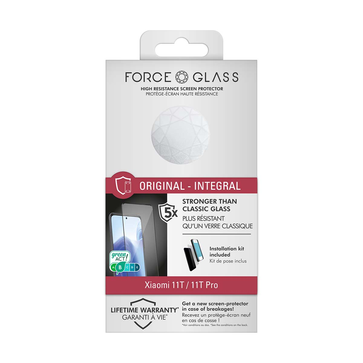 Emballage d'un protecteur d'écran FORCE GLASS pour Xiaomi 11T/11T Pro.