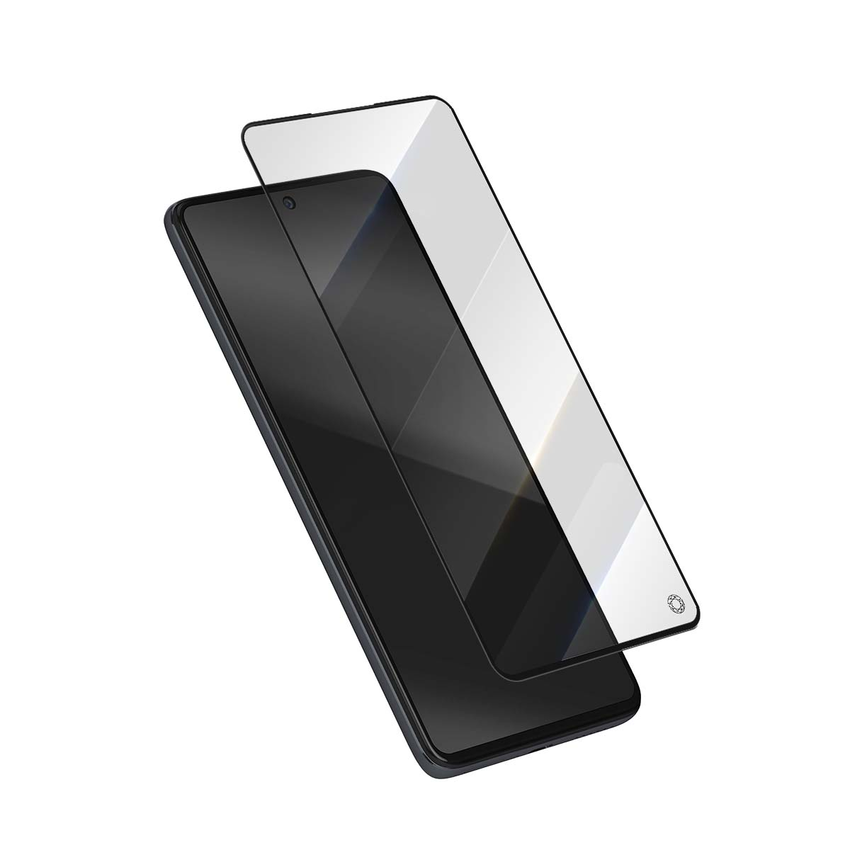 Uno smartphone scuro con una protezione per lo schermo sopra.