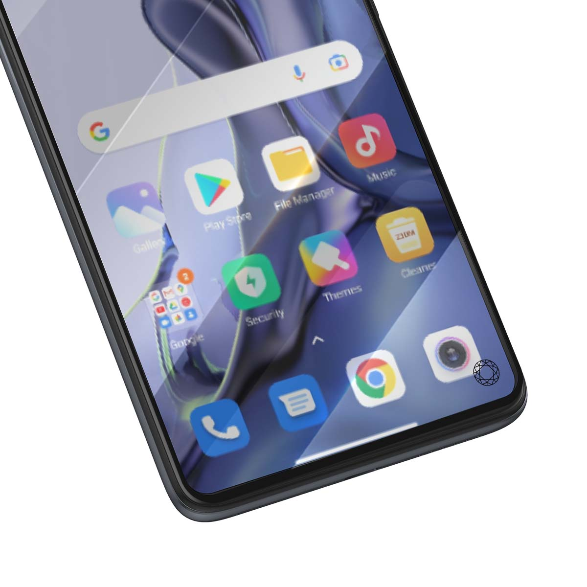 Primo piano di uno smartphone che mostra app come Google, Play Store, Musica e Fotocamera.