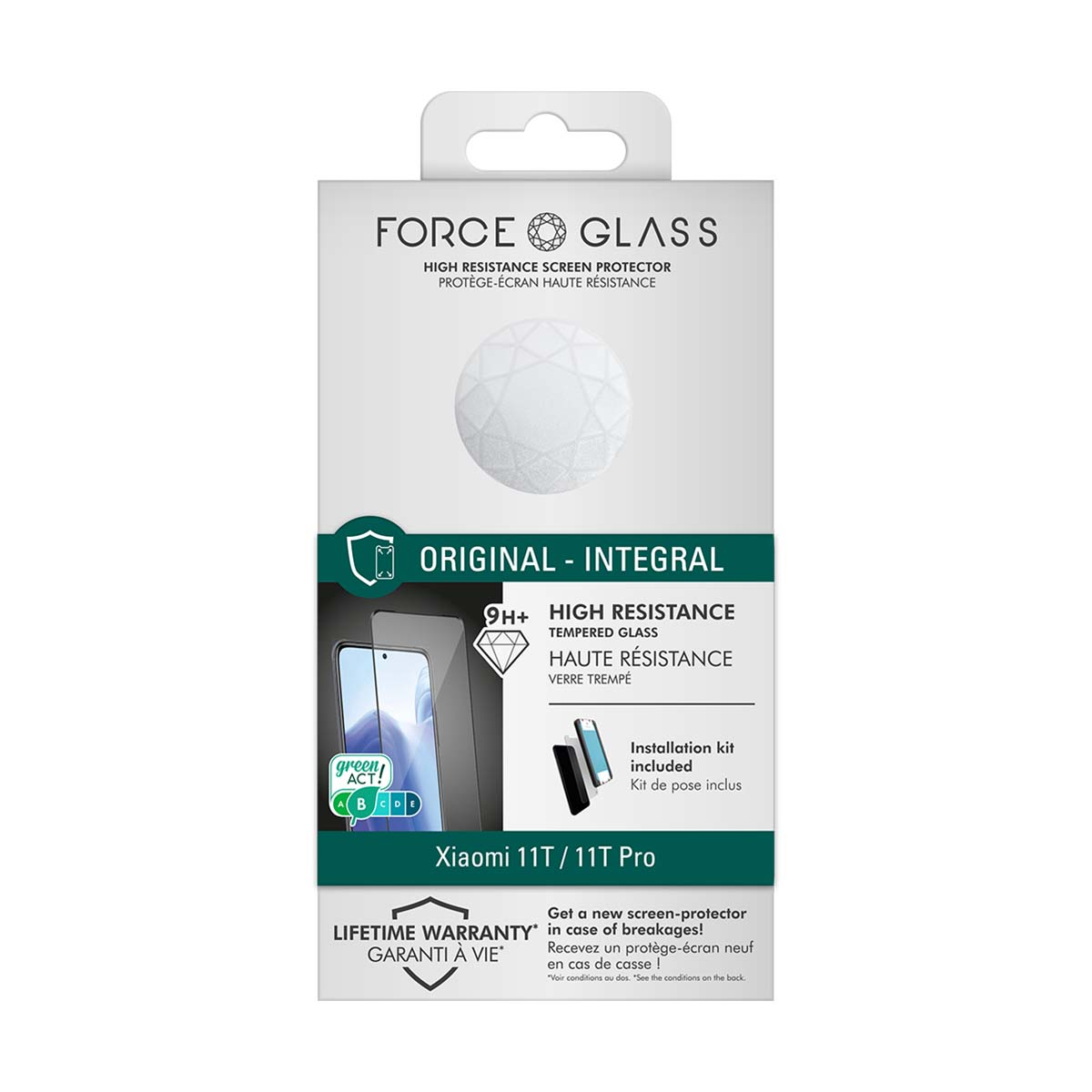 Confezione di protezione schermo FORCE GLASS per Xiaomi 11T/11T Pro.