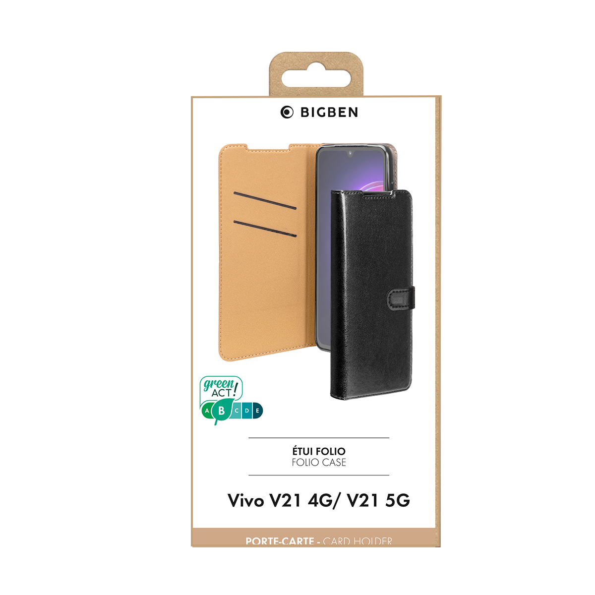 Confezione per una custodia a libro nera per telefono con logo BIGBEN e info.