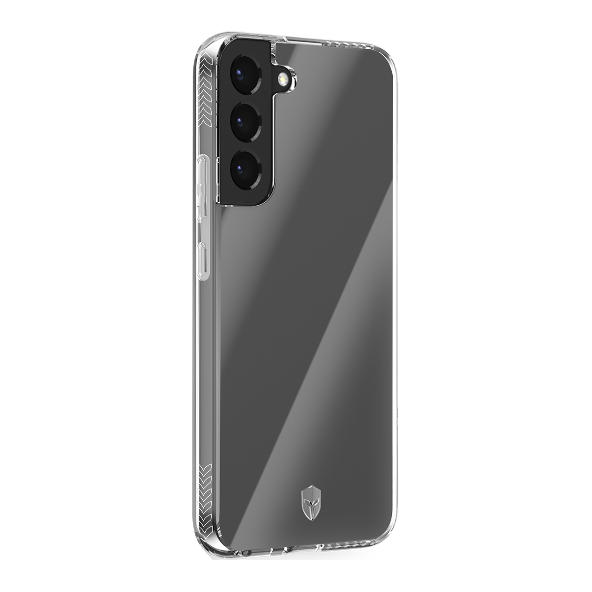 Custodia trasparente per smartphone con tripla fotocamera e lati fantasia.