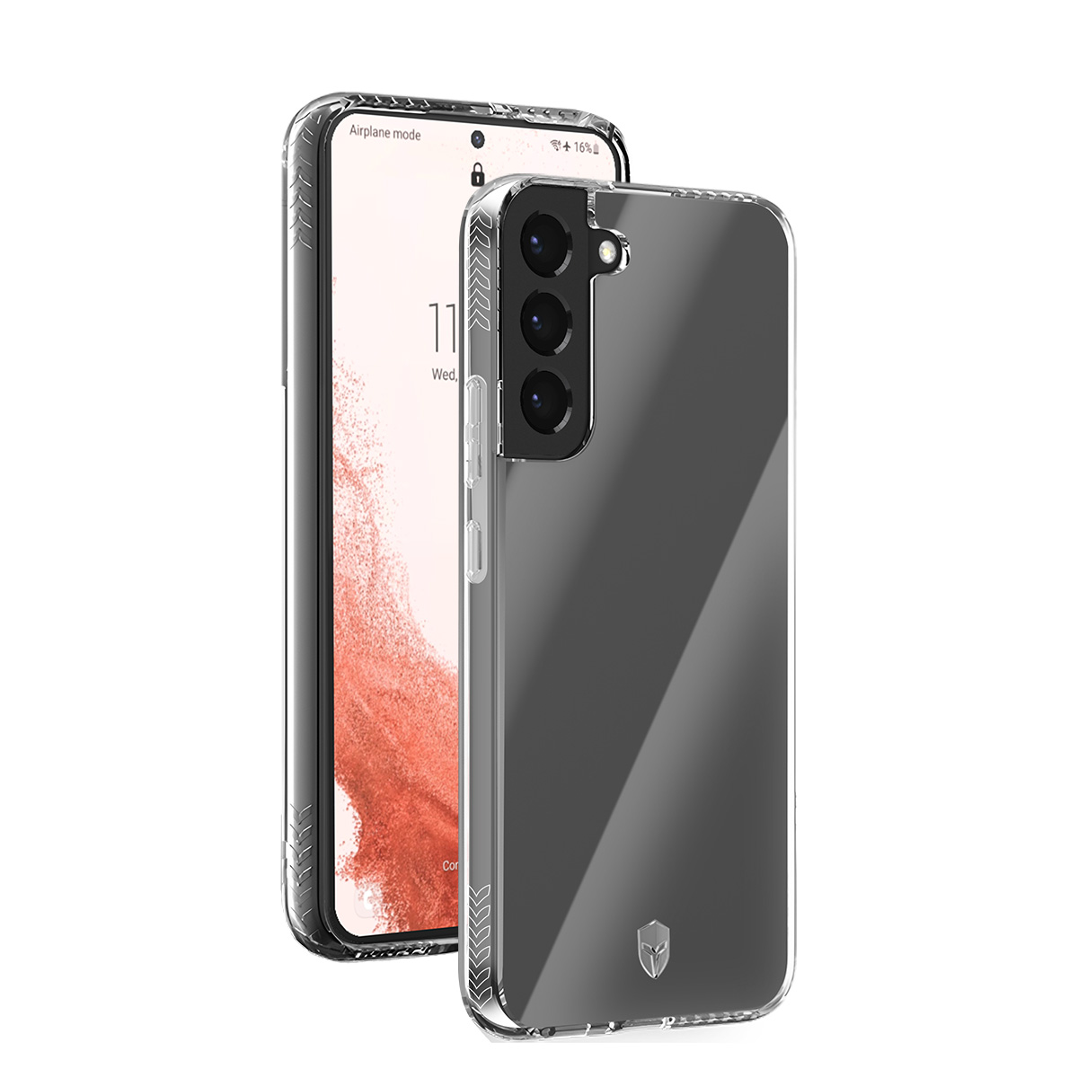 Una custodia trasparente per telefono su uno smartphone con tre fotocamere.