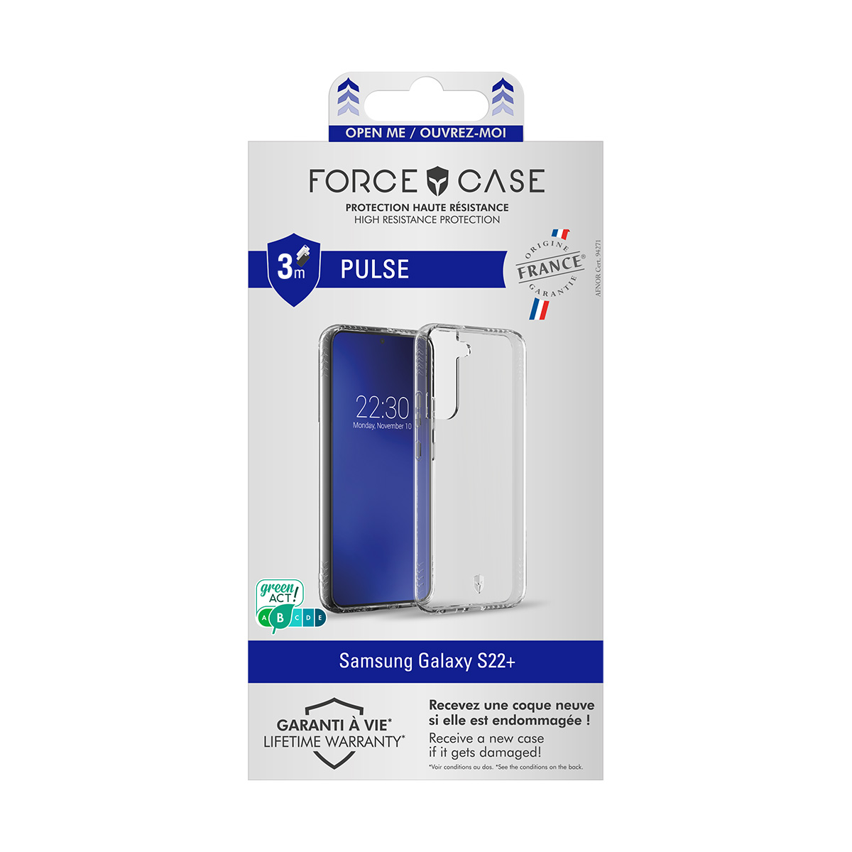 Confezione per cover Samsung Galaxy S22+, con cover trasparente e telefono.