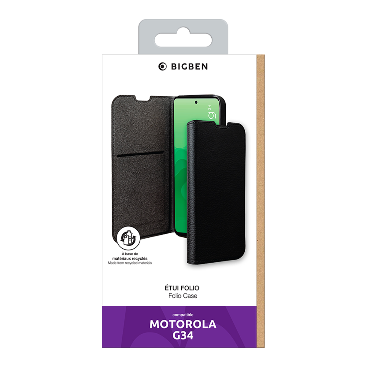 Schwarze Bigben-Folio-Hülle für Motorola G34, aus recycelten Materialien.