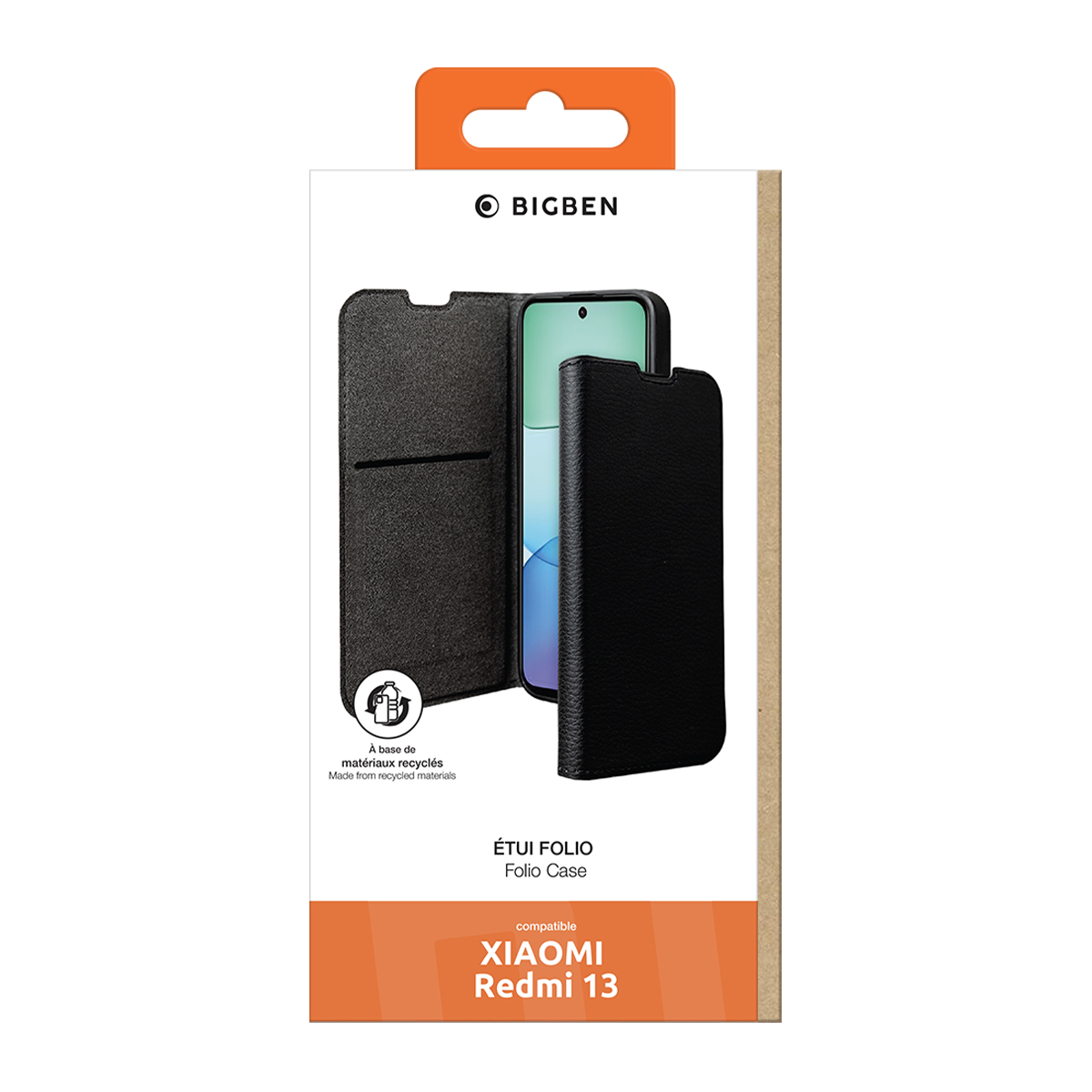Confezione con custodia a libro nera per Xiaomi Redmi 13.