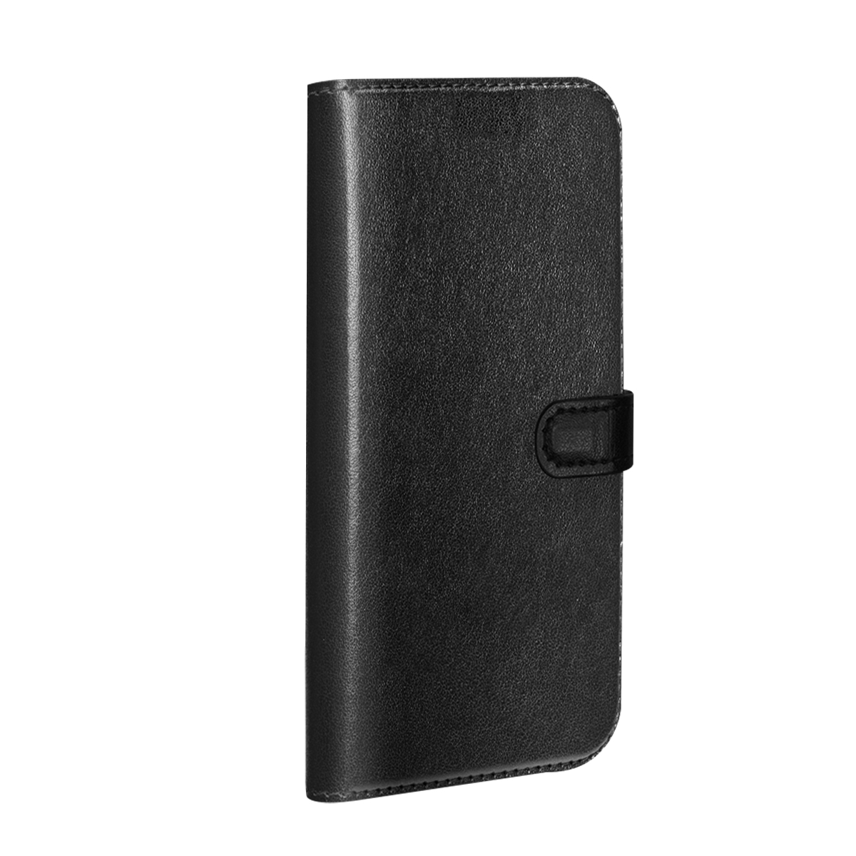 Custodia a libro in pelle nera per smartphone, con chiusura a cinturino.