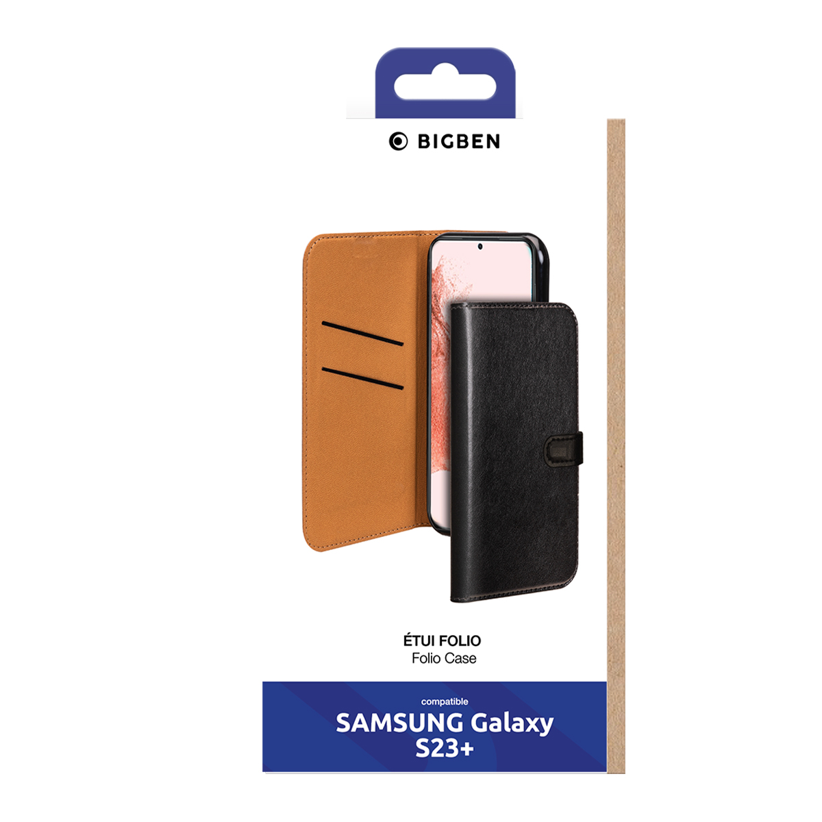 Custodia a libro in pelle nera per Samsung Galaxy S23+ con interno cuoio.