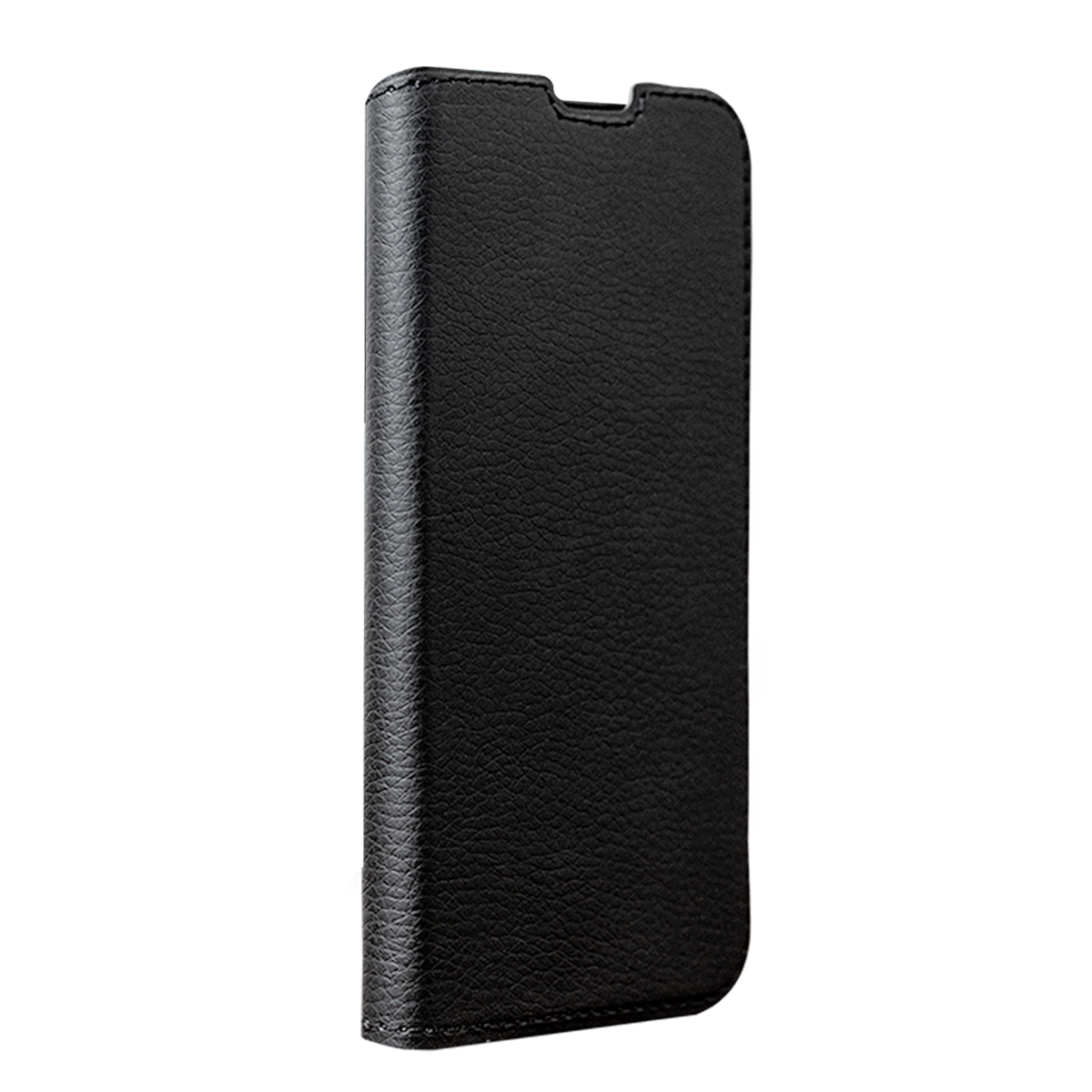 Custodia a libro in pelle nera per smartphone, su sfondo bianco.