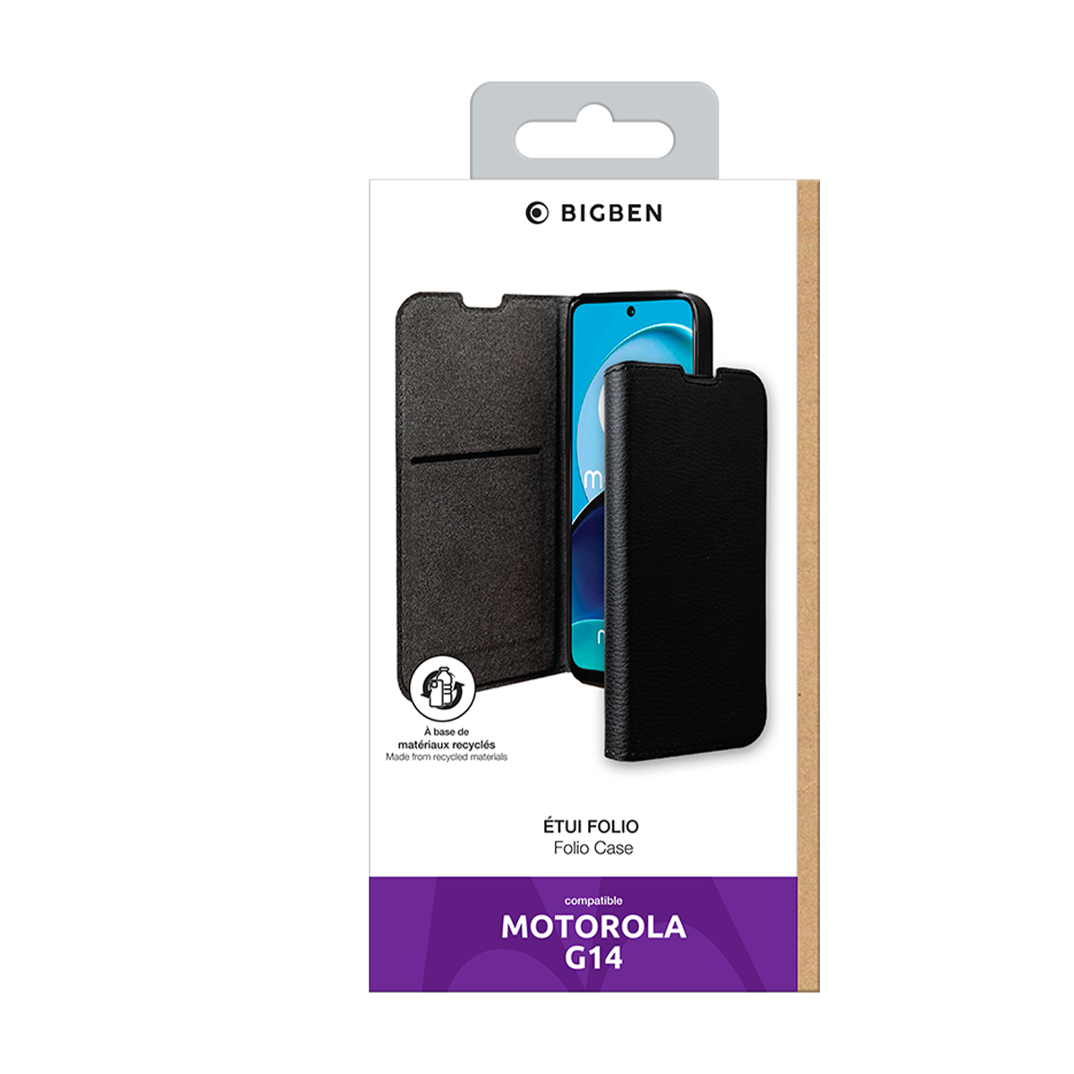 Confezione per una custodia a libro nera Motorola G14 in materiale riciclato.