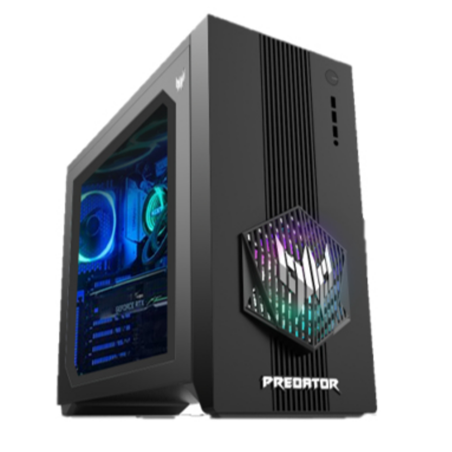 Czarny komputer gamingowy z podświetlanymi wentylatorami i logo Predator z przodu.