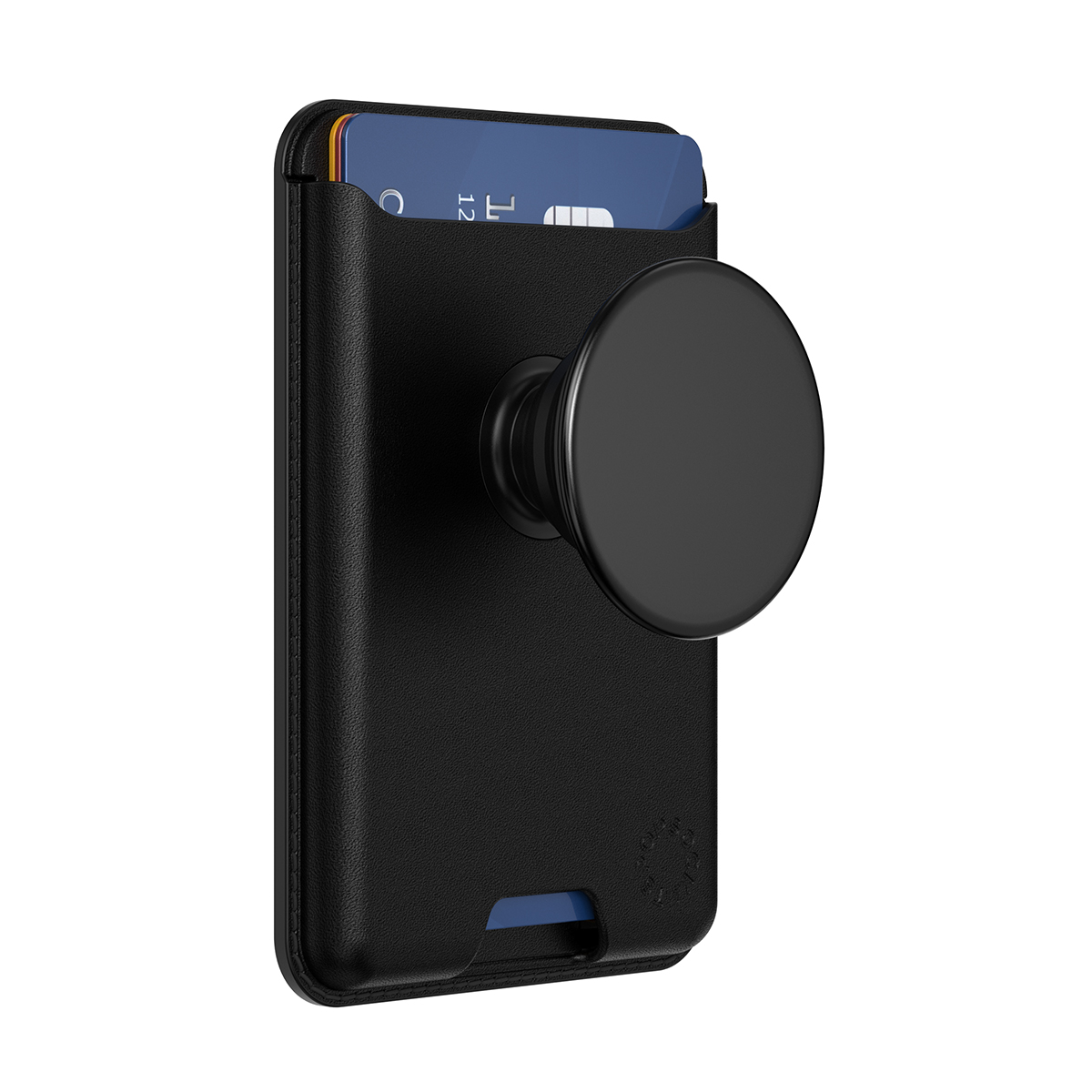 Portatessere nero con PopSocket e carta visibile.