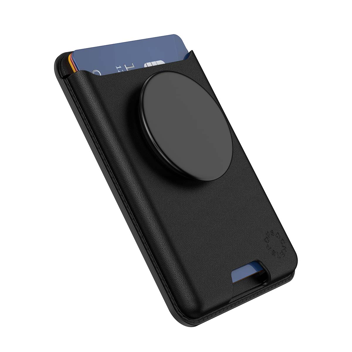 Custodia nera per telefono con slot per carte e impugnatura rotonda nera.