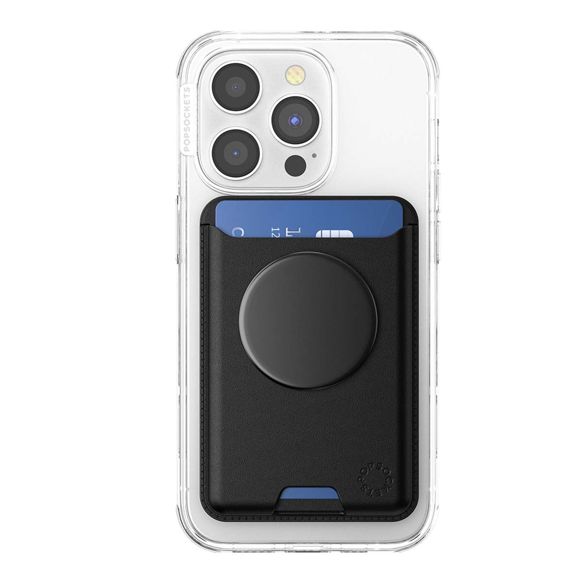 iPhone con porta carte nero e supporto PopSocket.
