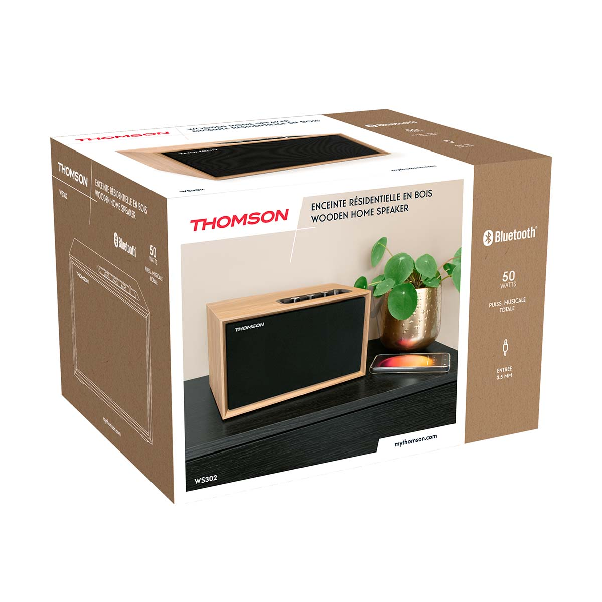 Drewniany głośnik Thomson z Bluetooth, 50W i wejściem AUX na ciemnej półce.