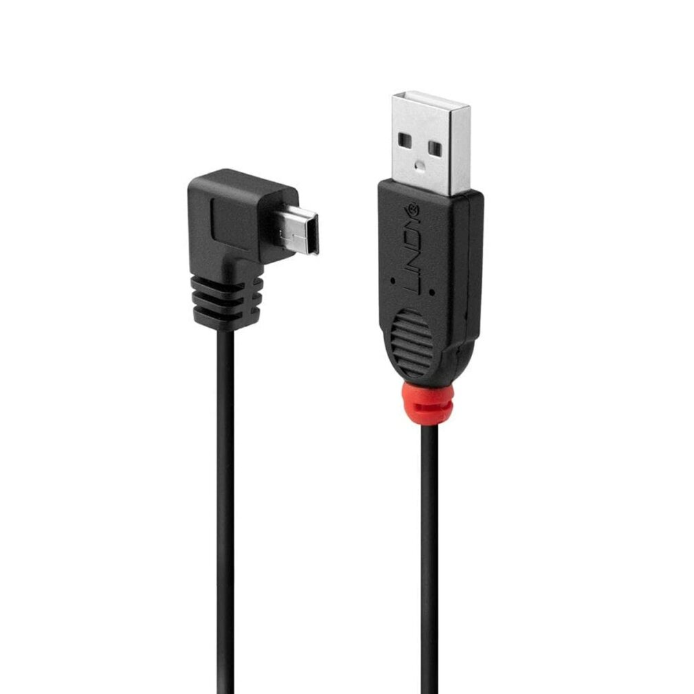 Een zwarte USB-kabel met een haakse micro-USB en standaard USB-connector.