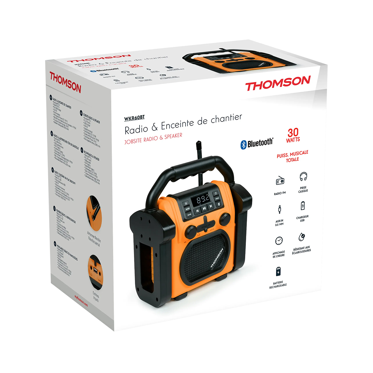 Pomarańczowe radio i głośnik Thomson z czarnym uchwytem i kratką.