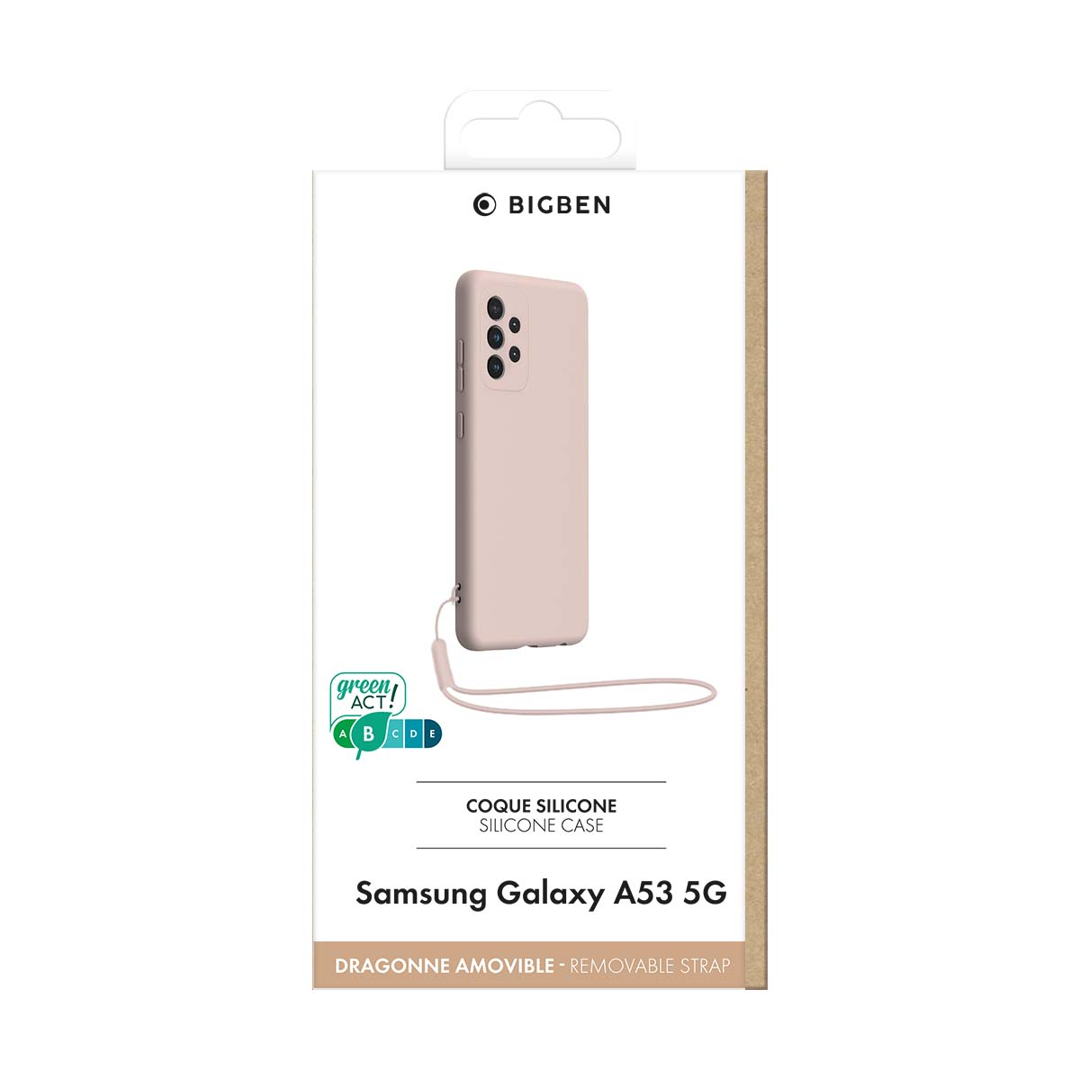 Beige Silikonhülle für Samsung Galaxy A53 5G mit abnehmbarem Band.