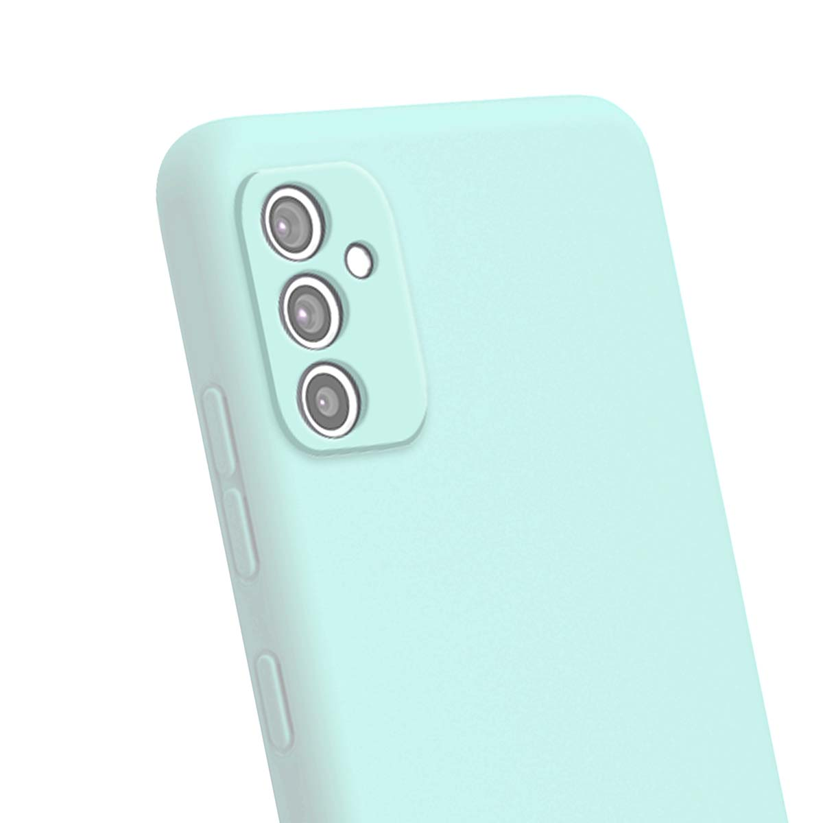 Custodia per telefono verde menta con tre lenti e flash.