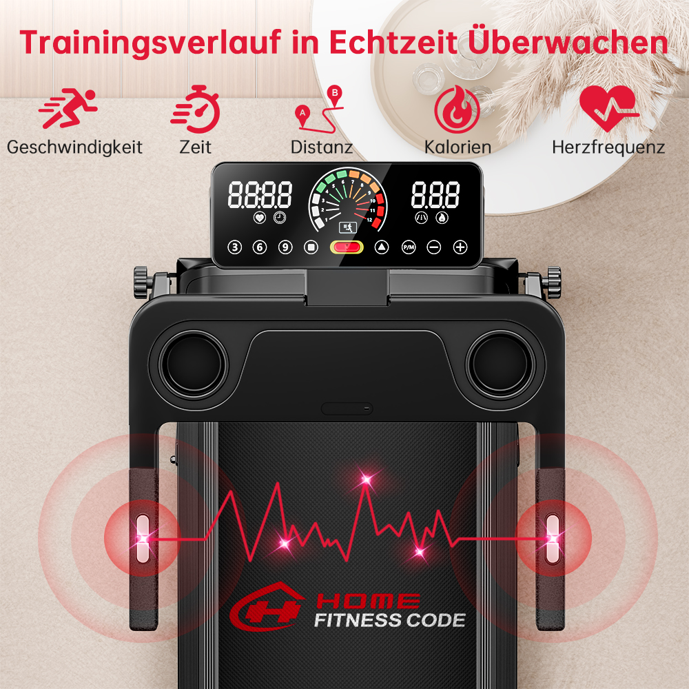 Bieżnia z wyświetlaczem prędkości, czasu, dystansu, kalorii, tętna.