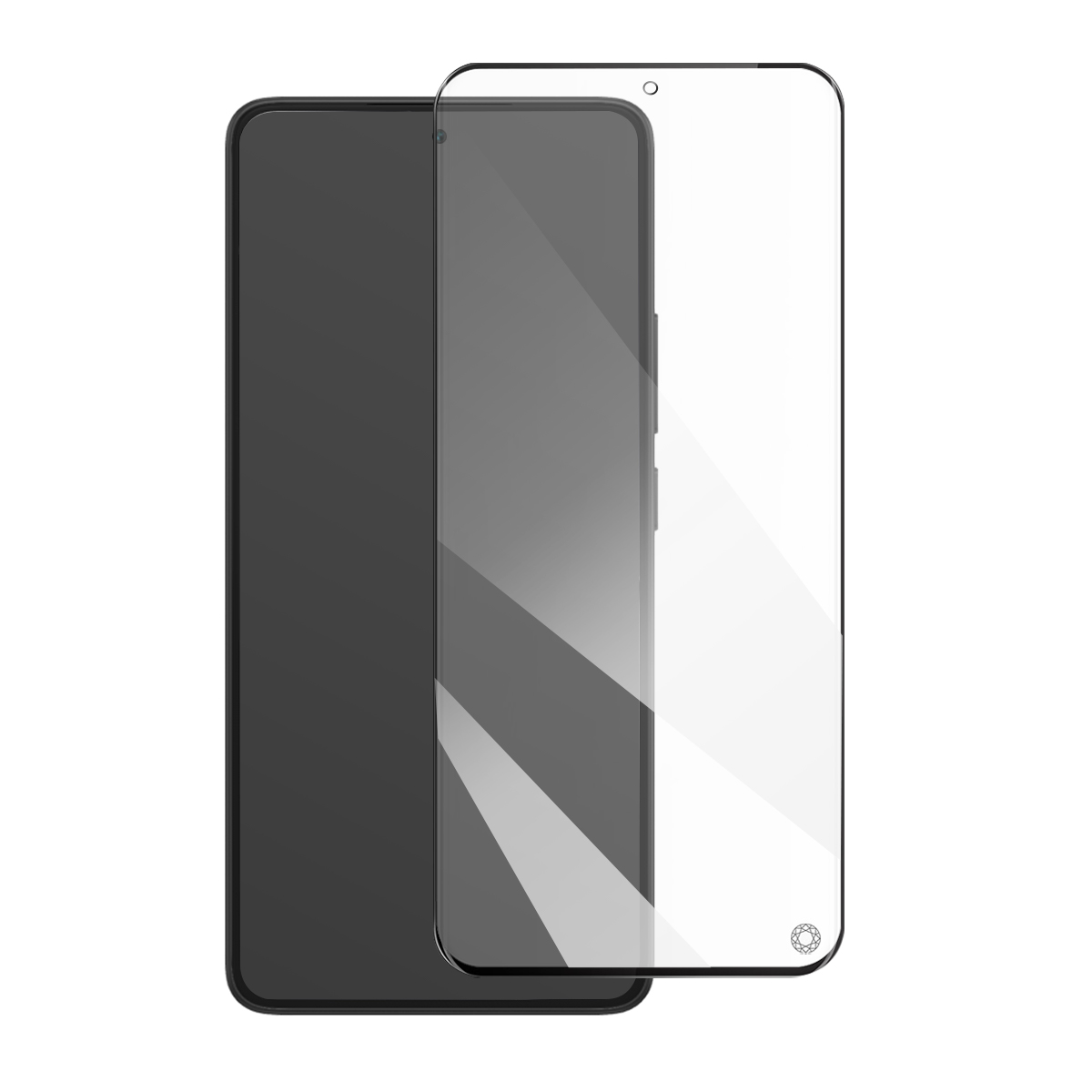 Un smartphone noir avec un protecteur d'écran transparent par-dessus.
