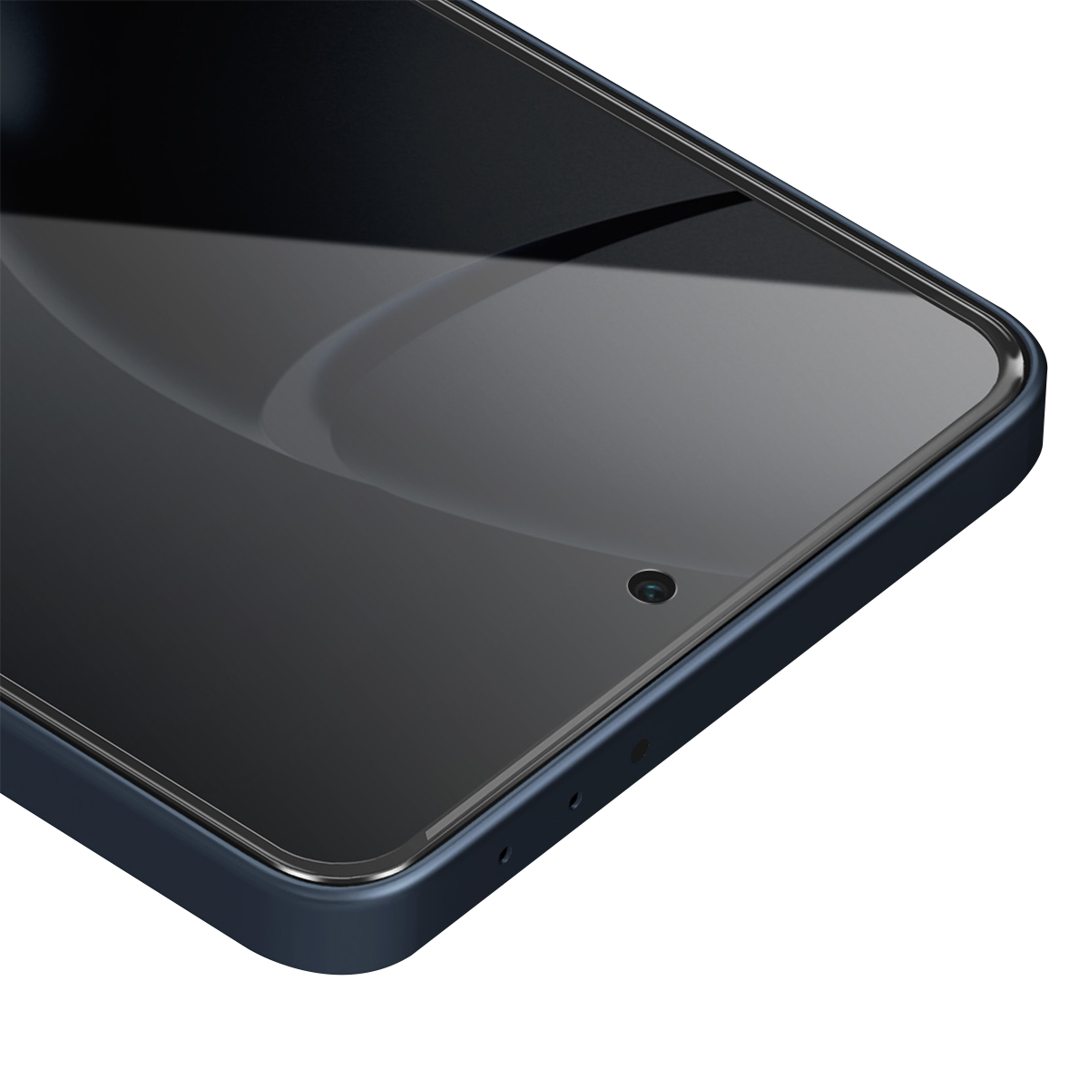 Gros plan de l'avant d'un smartphone sombre avec un petit trou pour la caméra.