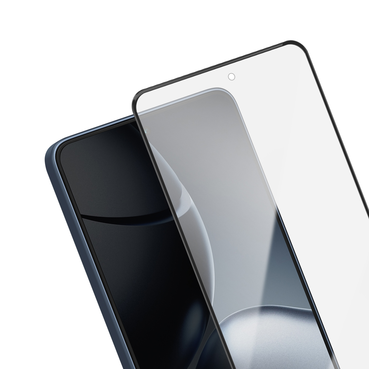 Un smartphone bleu avec un protecteur d'écran transparent posé dessus.