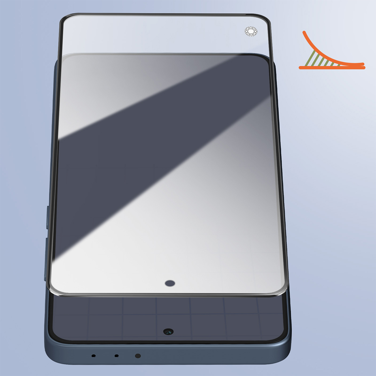 Un smartphone avec un protecteur d'écran et une icône graphique.