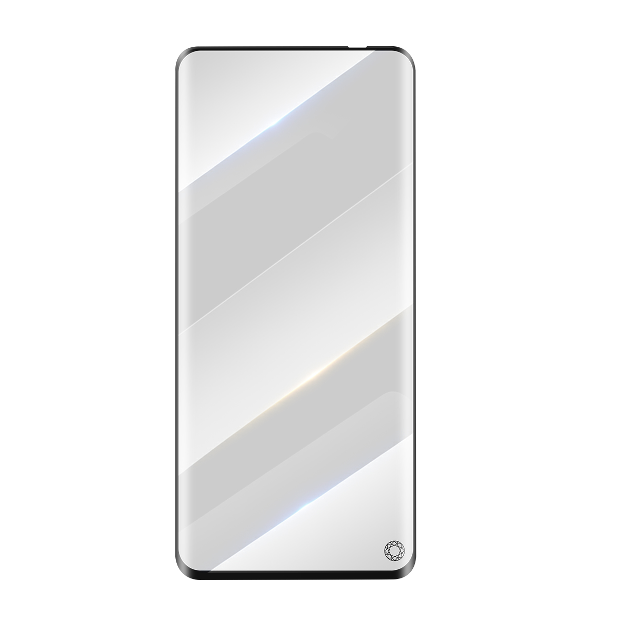 Un écran de smartphone affichant des rayures diagonales argentées et grises avec des reflets.