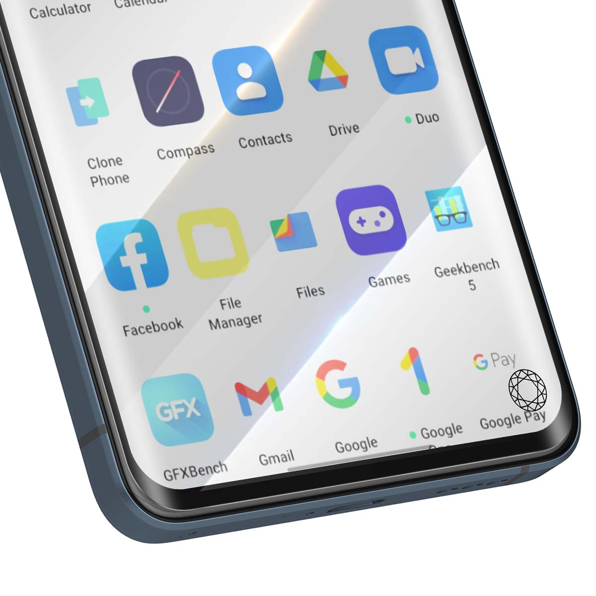 Écran de smartphone affichant des icônes d'applications comme Facebook, Google, GPay et jeux.