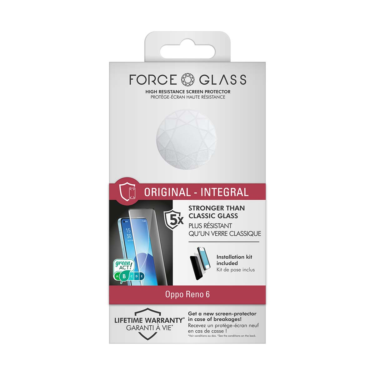 Emballage de protection d'écran FORCE GLASS pour Oppo Reno 6, avec sceau de garantie.