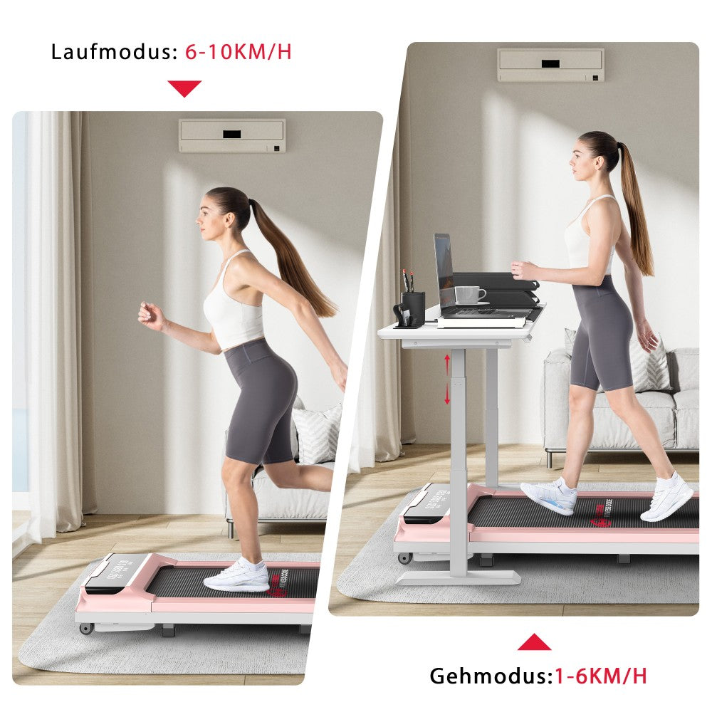 Kobieta biegnie na bieżni po lewej, idzie na bieżni z biurkiem po prawej.