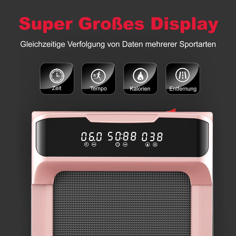 Różowa konsola bieżni z dużym wyświetlaczem pokazującym czas, tempo, kalorie i dystans.
