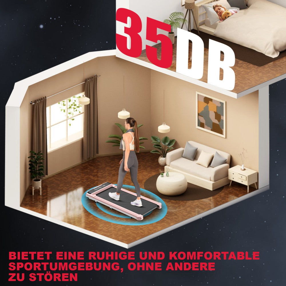 Kobieta na bieżni w salonie, 35dB hałasu, śpiące dziecko w sypialni.