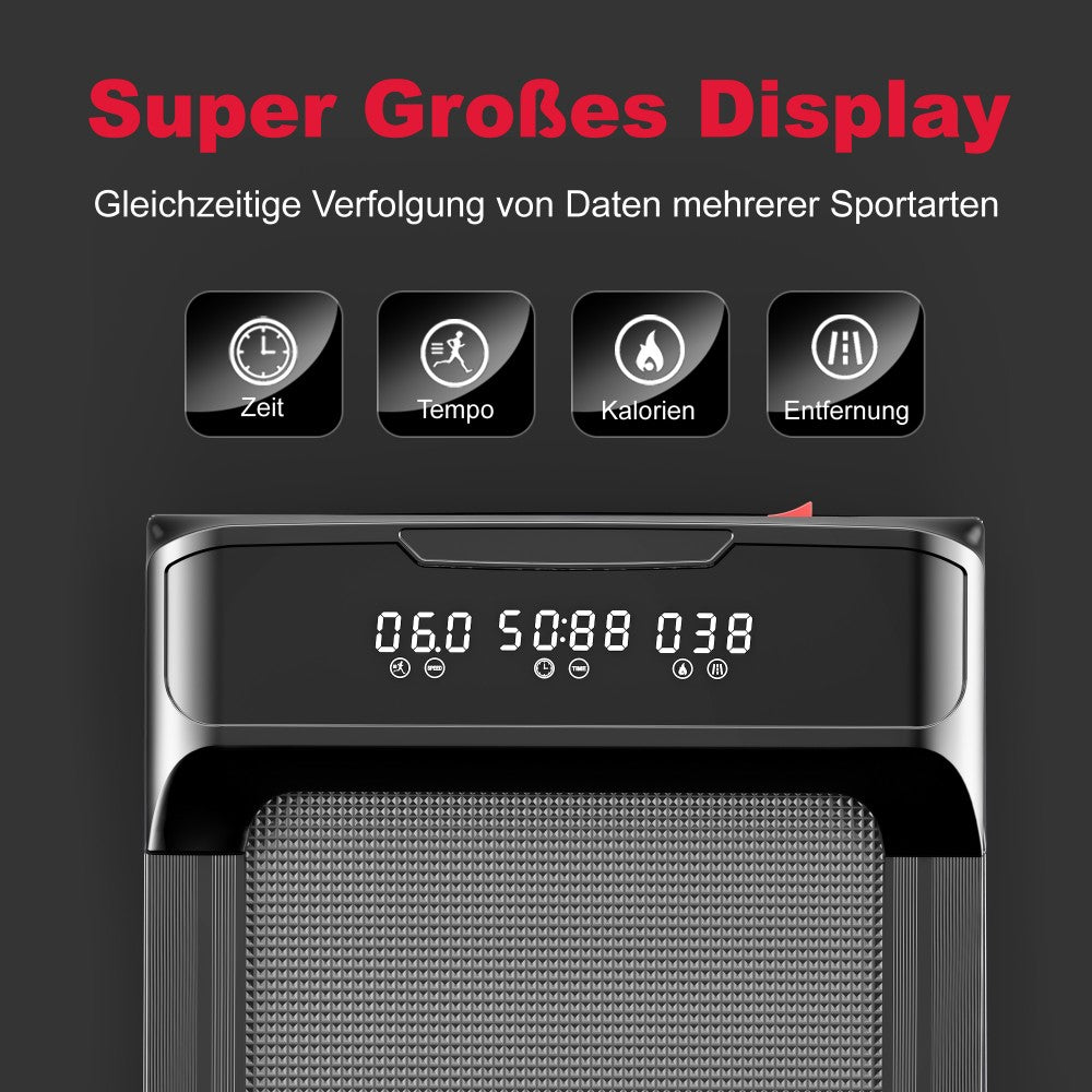 Wyświetlacz bieżni pokazuje ikony czasu, tempa, kalorii i odległości.