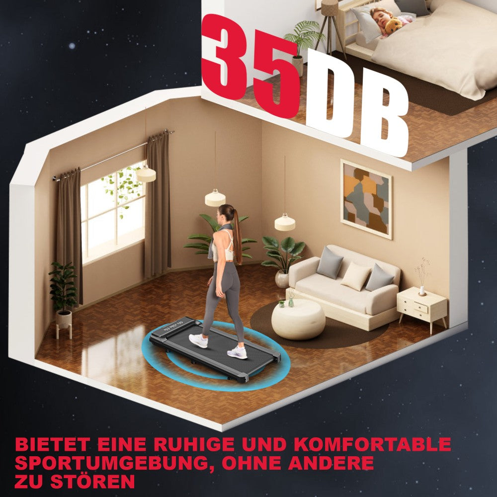 Kobieta na bieżni w salonie; sypialnia na górze; poziom hałasu 35 dB.