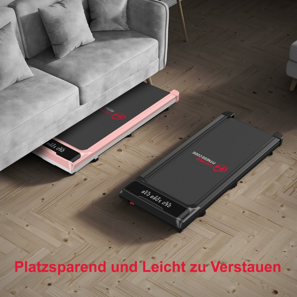 Dwa bieżnie, jeden różowy pod sofą, jeden czarny obok.