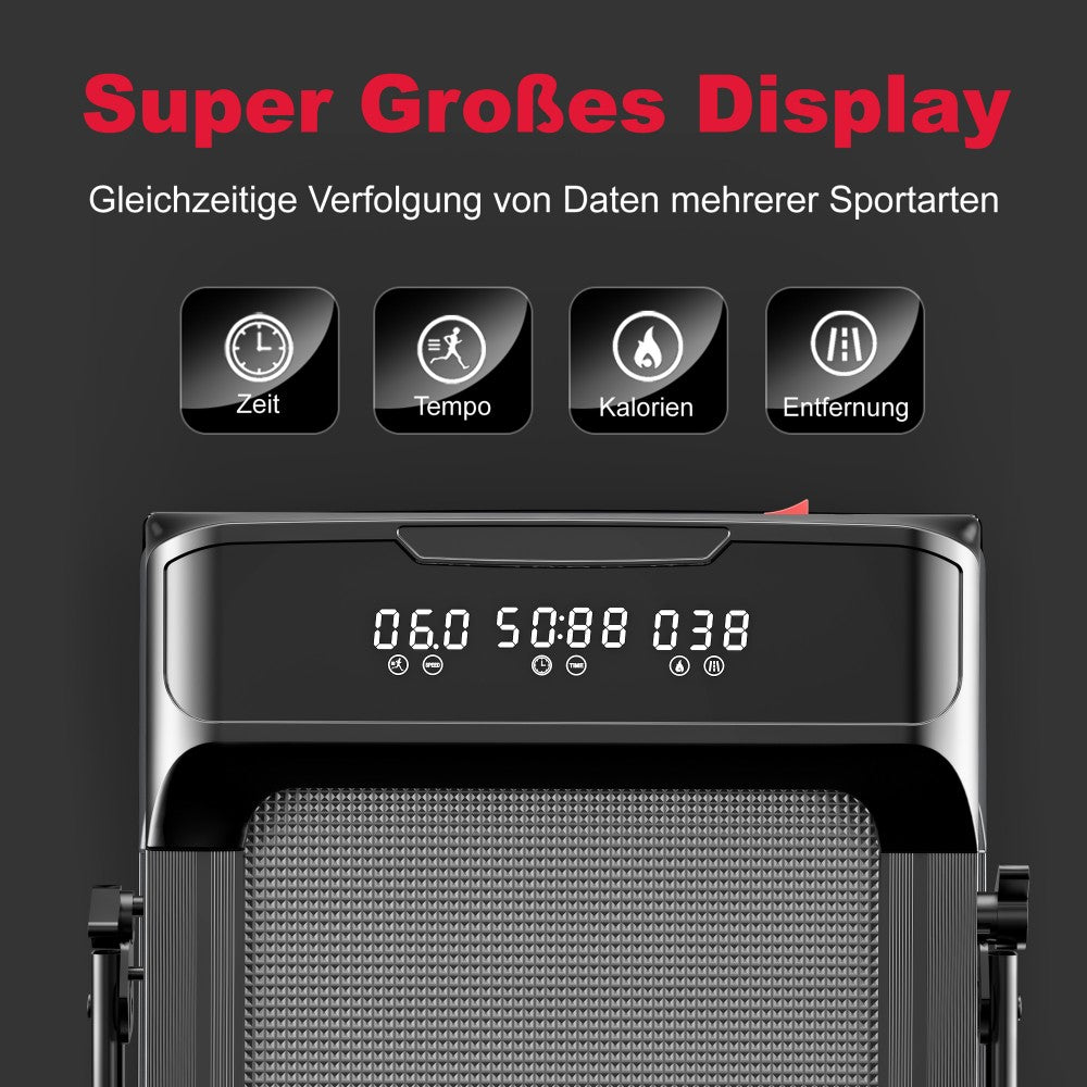 Duży wyświetlacz z ikonami czasu, tempa, kalorii i dystansu.