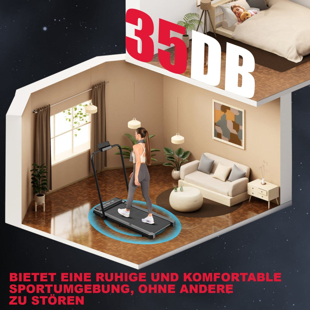 Kobieta na bieżni w salonie, dziecko śpi na piętrze. 35dB.