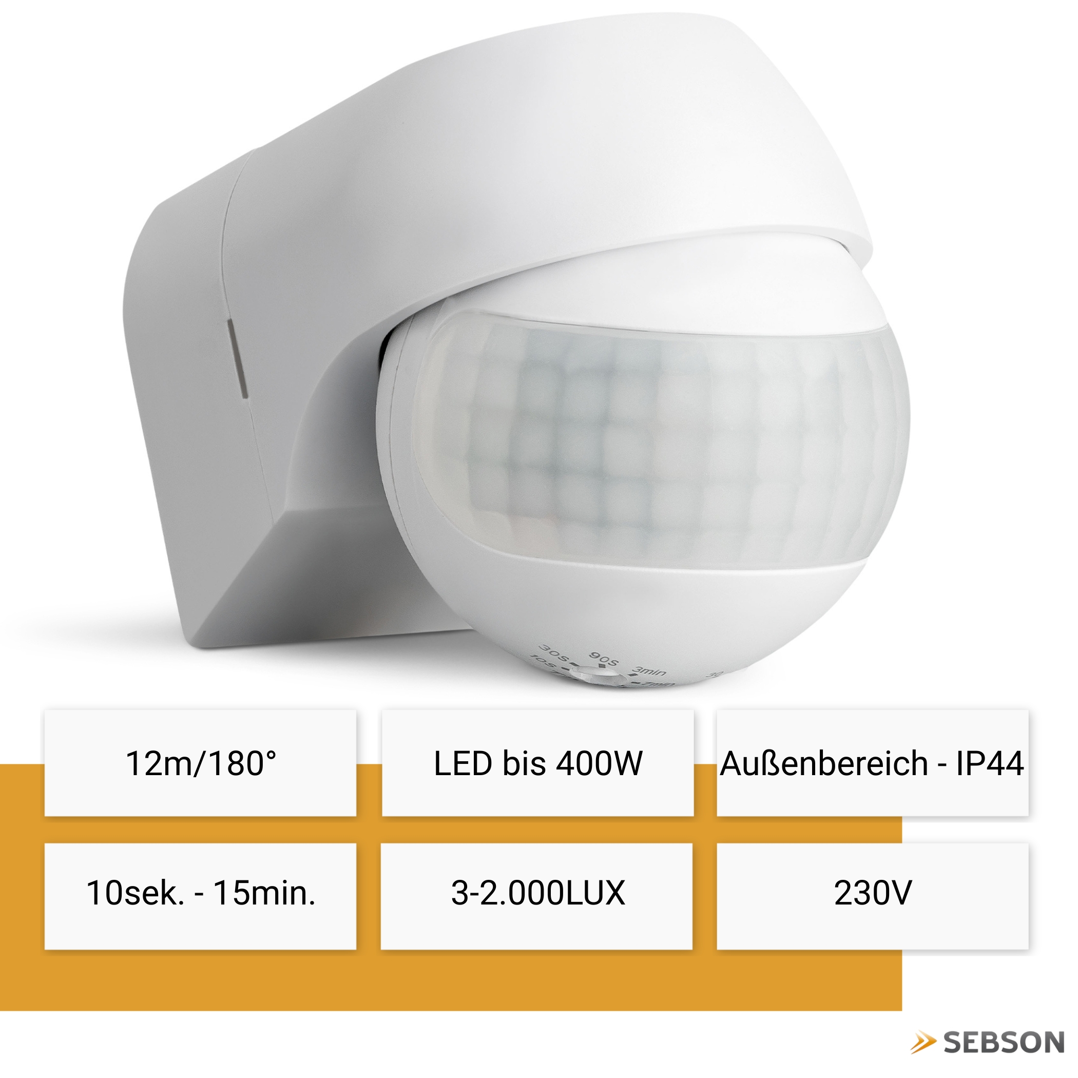 Ein weißer Bewegungsmelder mit 12m Reichweite, 180° Erfassung und IP44-Schutz.