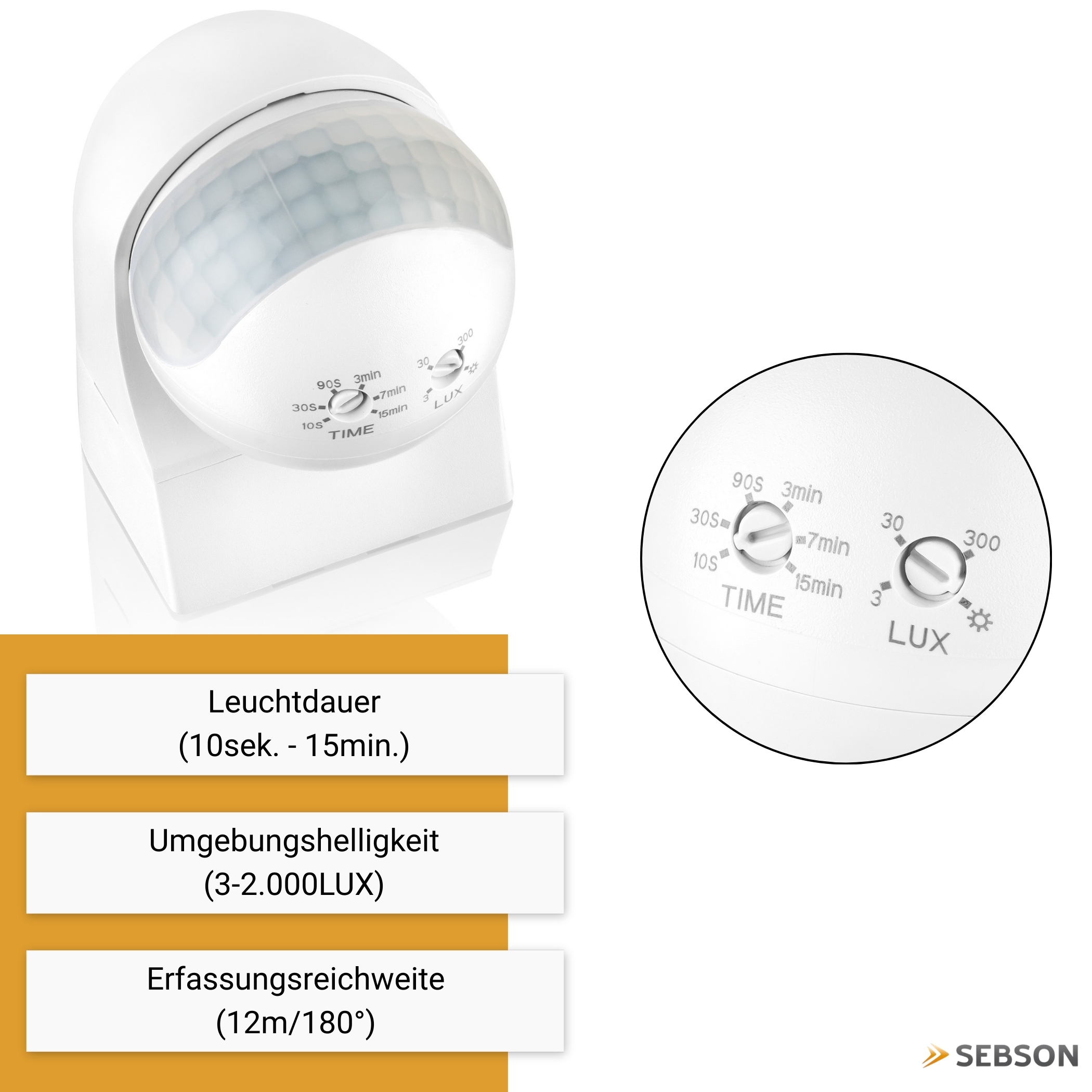 Ein weißer Bewegungsmelder mit Einstellknöpfen für Zeit und Lichtempfindlichkeit.