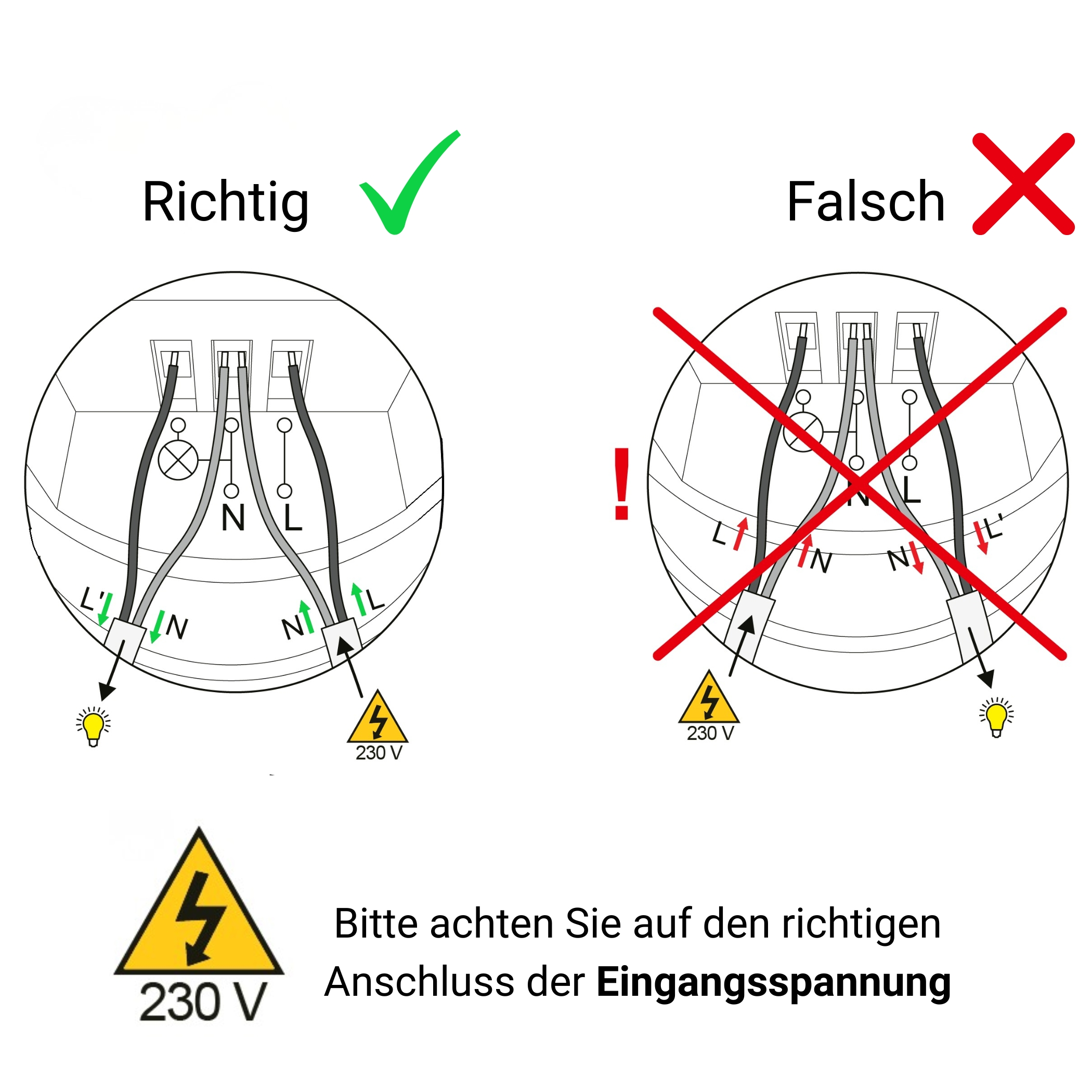 Anleitung zur richtigen und falschen Verdrahtung einer 230V-Spannung.