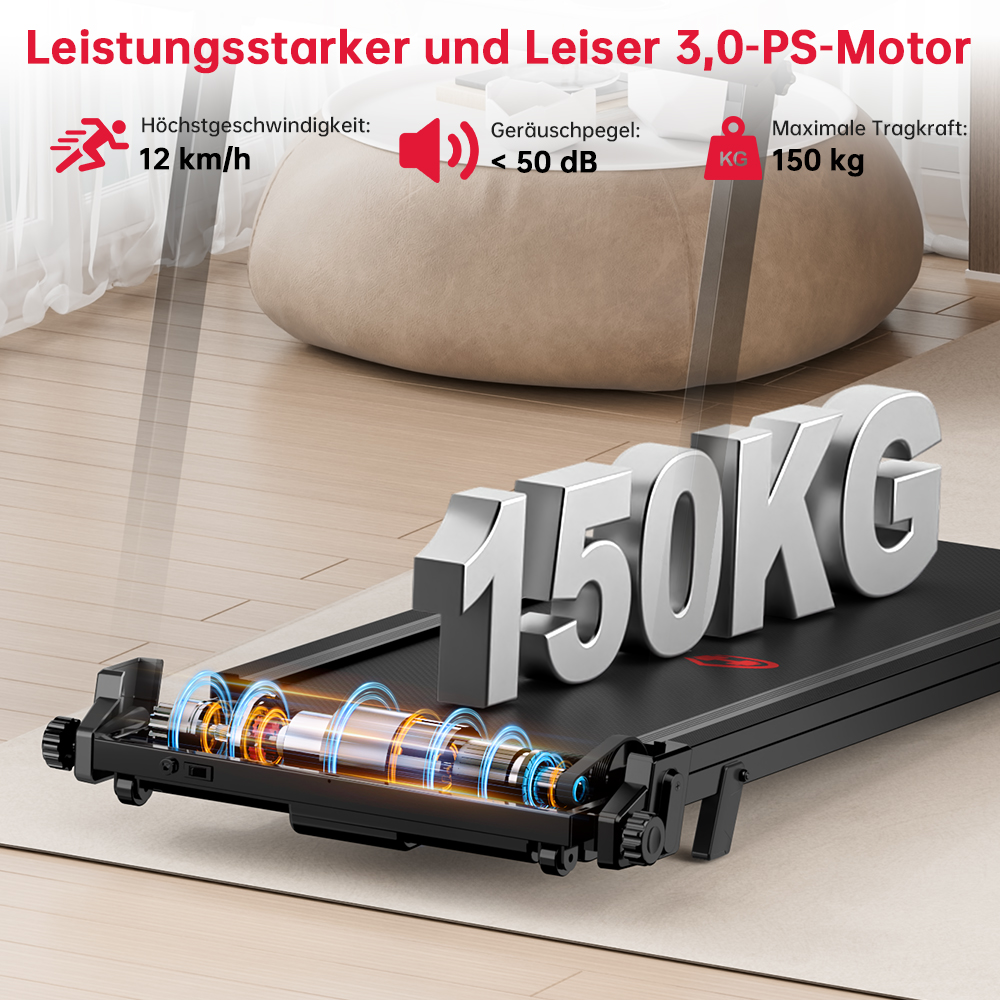 Bieżnia o udźwigu 150 kg, prędkości maks. 12 km/h i poziomie hałasu <lt/> 50 dB.