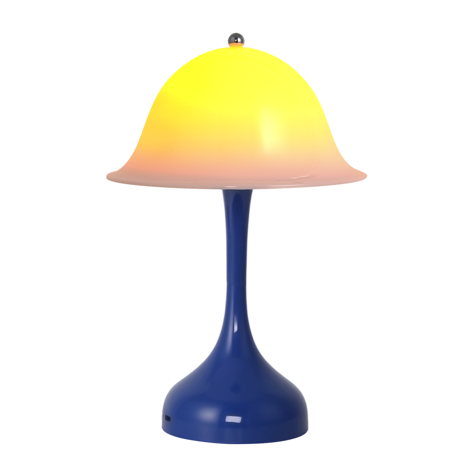 Una lampada blu con paralume giallo-rosa e una manopola argentata in cima.