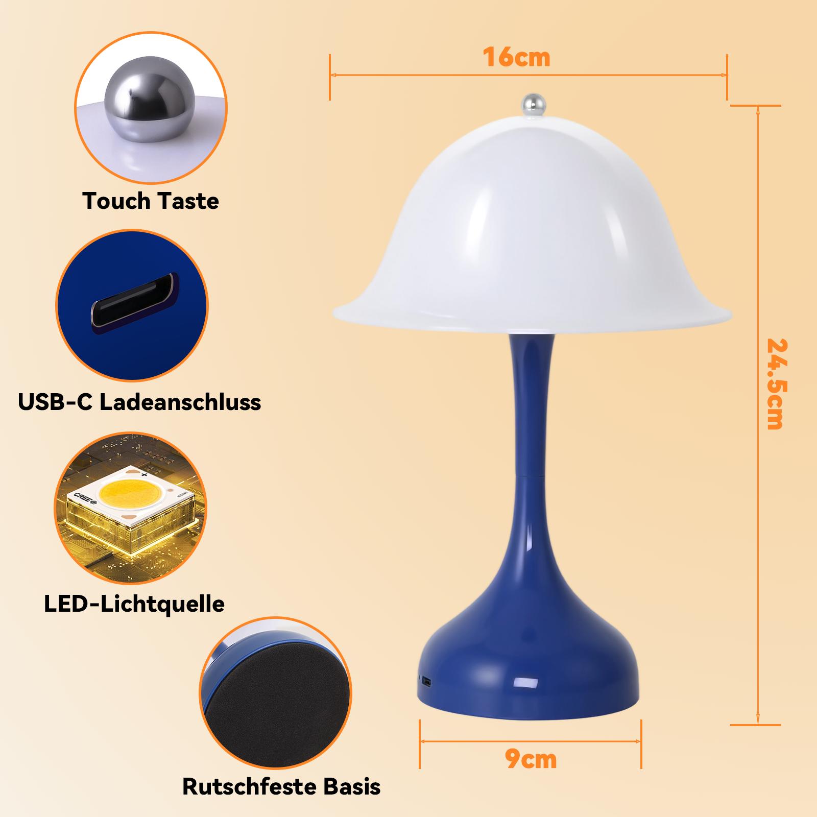 Una lampada blu con paralume bianco, 16x9x24,5cm. Con controllo touch e USB-C.