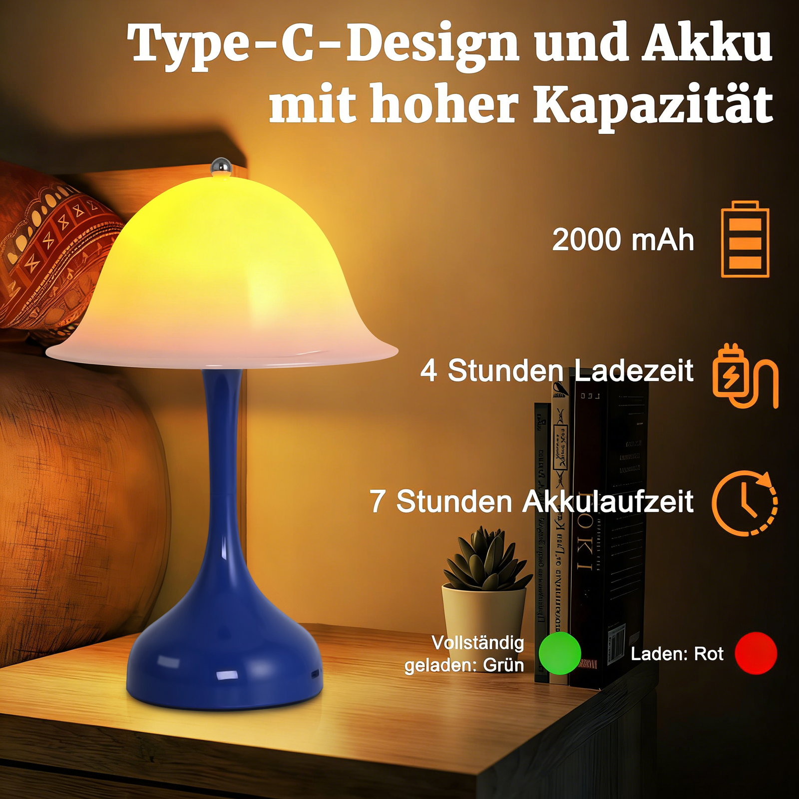 Lampada blu con paralume giallo, batteria 2000mAh, carica 4h, autonomia 7h.
