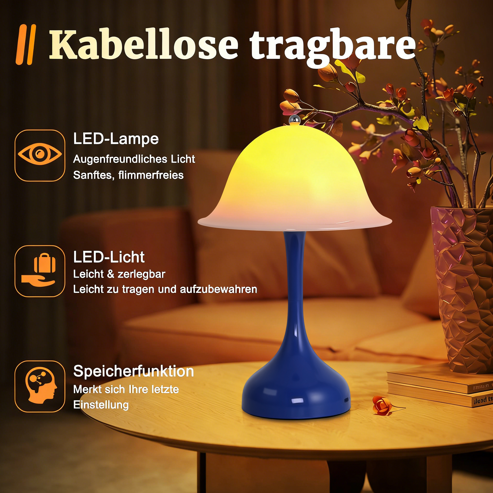 Una lampada blu e senza fili con luce gialla su un tavolo di legno.